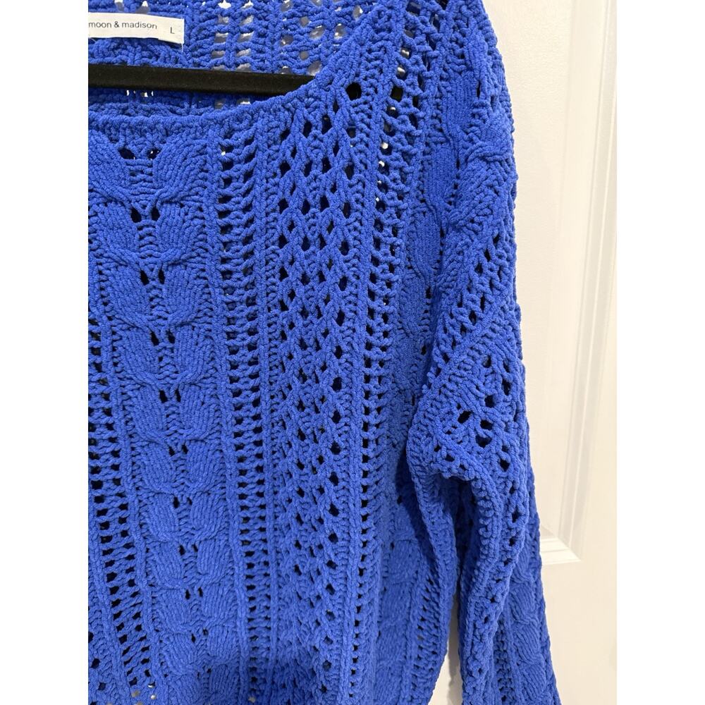 moon&madison Blue Crochet Open-Knit Pullover Sweater Long Sleeve Sz Large Women - Picture 3 of 6